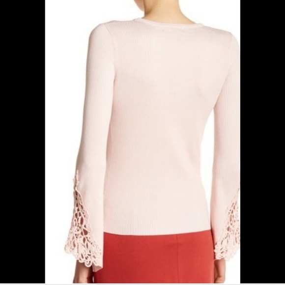 Catherine Malandrino Top Stretch Rib Knit Bell Sleeve Crochet Blush Pink L NWT - Picture 5 of 8